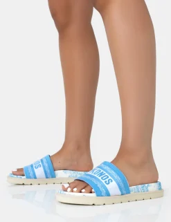 Public Desire Jet Set Embroidered Mykonos Print Slider Sandals | Women Sliders