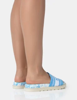 Public Desire Jet Set Embroidered Mykonos Print Slider Sandals | Women Sliders