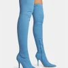 Public Desire Jodie Denim Seam Detail Pointed Toe Stiletto Thigh High Boots | Women Over The Knee Boots