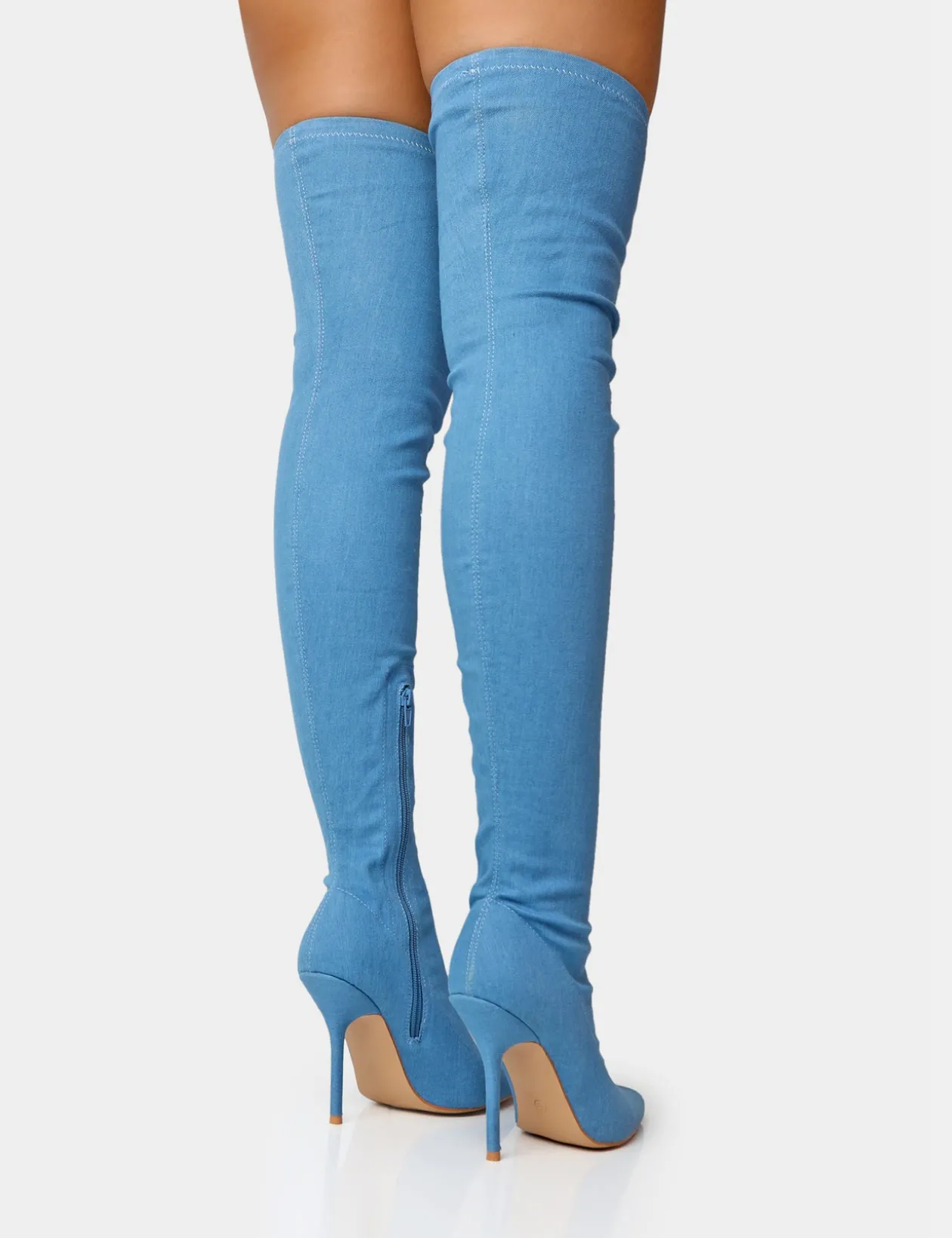 Public Desire Jodie Denim Seam Detail Pointed Toe Stiletto Thigh High Boots | Women Over The Knee Boots