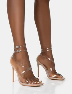 Public Desire Jojo Patent Cut Out Perspex Strap Square Toe Stiletto Heels | Women Stilettos