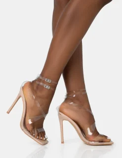 Public Desire Jojo Patent Cut Out Perspex Strap Square Toe Stiletto Heels | Women Stilettos