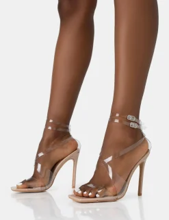 Public Desire Jojo Patent Cut Out Perspex Strap Square Toe Stiletto Heels | Women Stilettos