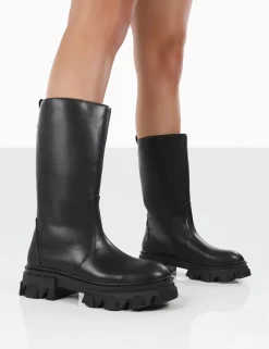 Public Desire Jolie Pu Knee High Chunky Sole Long Boots | Women Knee High Boots