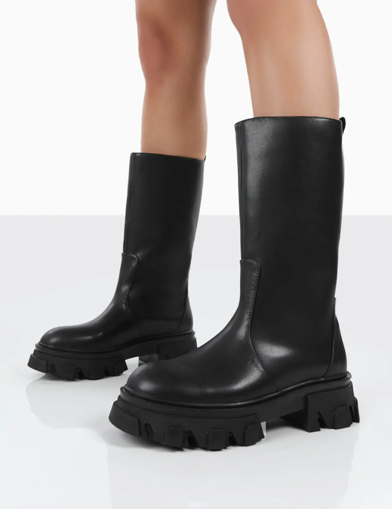 Public Desire Jolie Pu Knee High Chunky Sole Long Boots | Women Knee High Boots