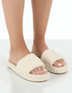 Public Desire Juicy Ecru Terry Towelling Slider Slippers | Women Slippers