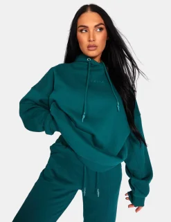 Public Desire Kaiia Embroidered Oversized Hoodie Forest Green | Women Sweatshirt & Hoodies