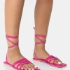 Public Desire Kelly Hot Pink Pu Lace Up Flat Square Toe Sandals | Women Sliders