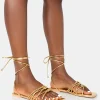 Public Desire Kelly Pu Lace Up Flat Square Toe Sandals | Women Sliders