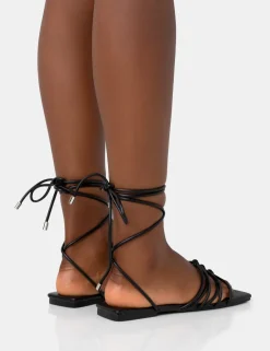 Public Desire Kelly Pu Lace Up Flat Square Toe Sandals | Women Sliders