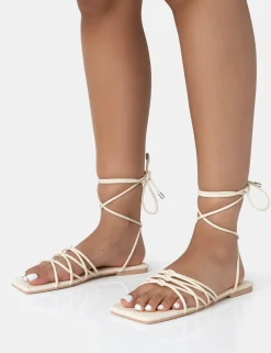 Public Desire Kelly Pu Lace Up Flat Square Toe Sandals | Women Sliders