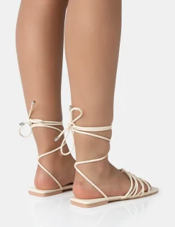 Public Desire Kelly Pu Lace Up Flat Square Toe Sandals | Women Sliders
