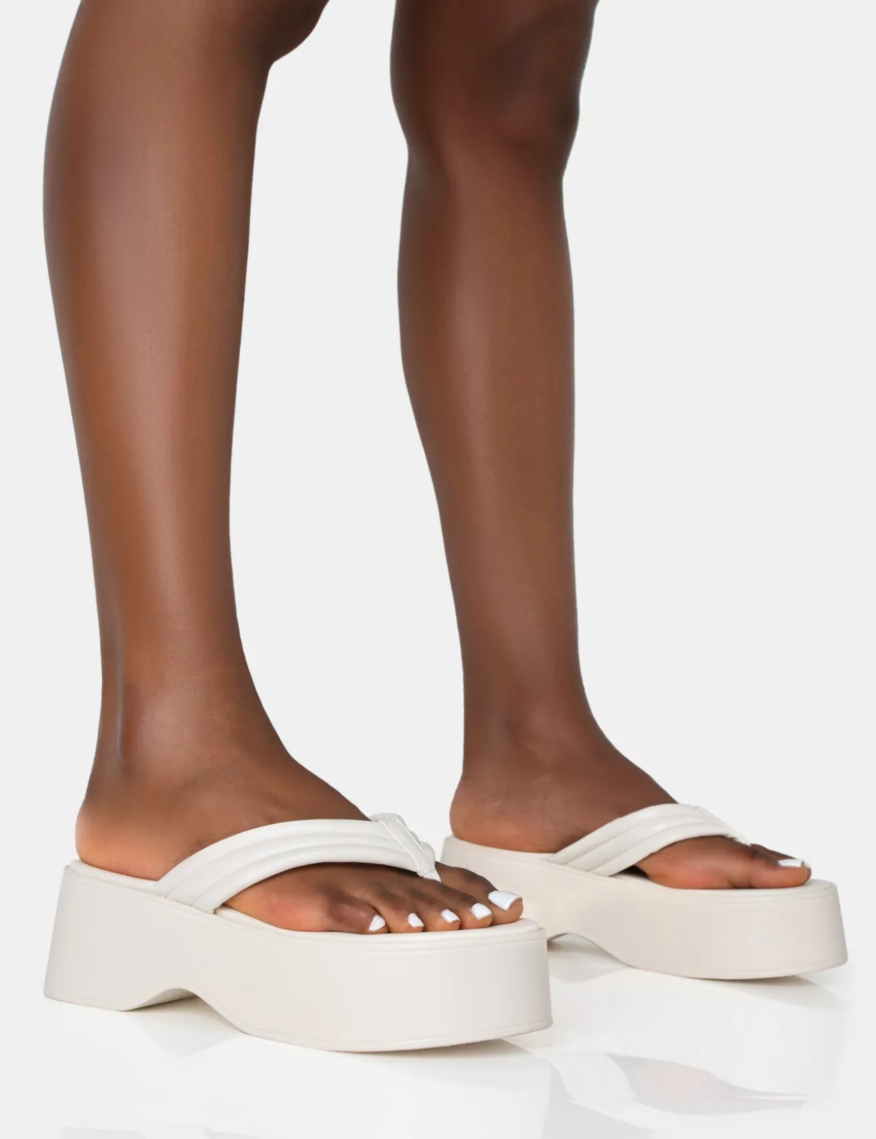 Public Desire Kiko Ecru Padded Flip Flop Strap Platform Sandals | Women Flatforms