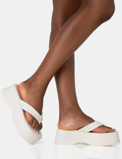 Public Desire Kiko Ecru Padded Flip Flop Strap Platform Sandals | Women Flatforms