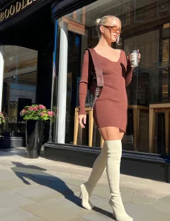 Public Desire Knitted Off Shoulder Mini Dress Chocolate | Women Knitwear