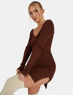 Public Desire Knitted Off Shoulder Mini Dress Chocolate | Women Knitwear