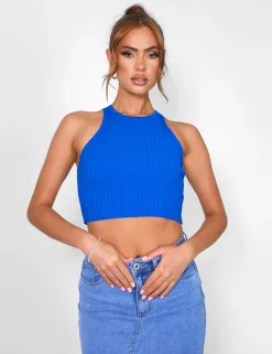Public Desire Knitted Ribbed Racer Top Cobalt | Women Knitwear