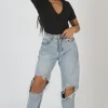 Public Desire Knotch Front Short Sleeve Ribbed Bodysuit | Women Bodysuits