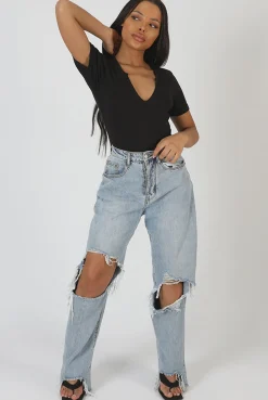 Public Desire Knotch Front Short Sleeve Ribbed Bodysuit | Women Bodysuits