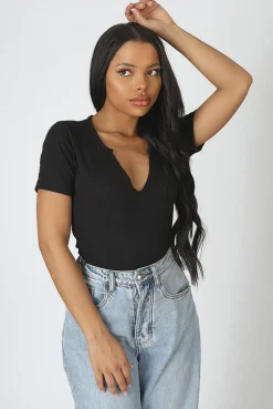 Public Desire Knotch Front Short Sleeve Ribbed Bodysuit | Women Bodysuits