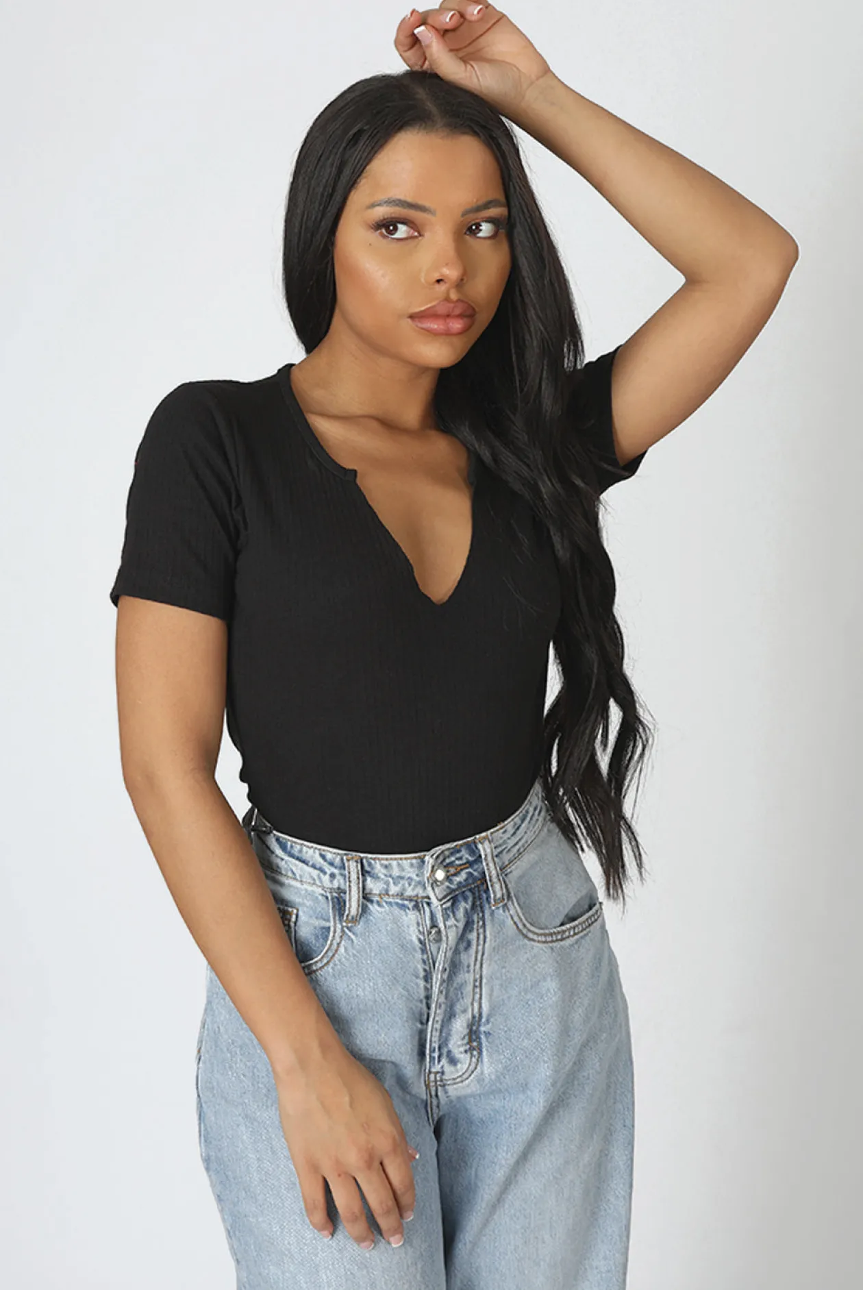 Public Desire Knotch Front Short Sleeve Ribbed Bodysuit | Women Bodysuits