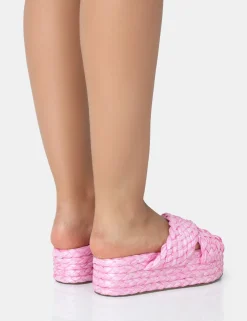 Public Desire Kos Raffia Cross Over Strap Slip On Flatform Sandals | Women Sliders