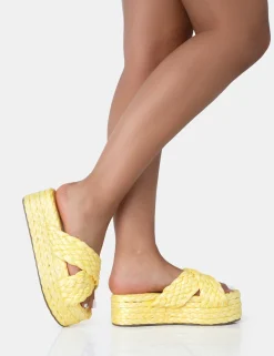 Public Desire Kos Raffia Cross Over Strap Slip On Flatform Sandals | Women Sliders