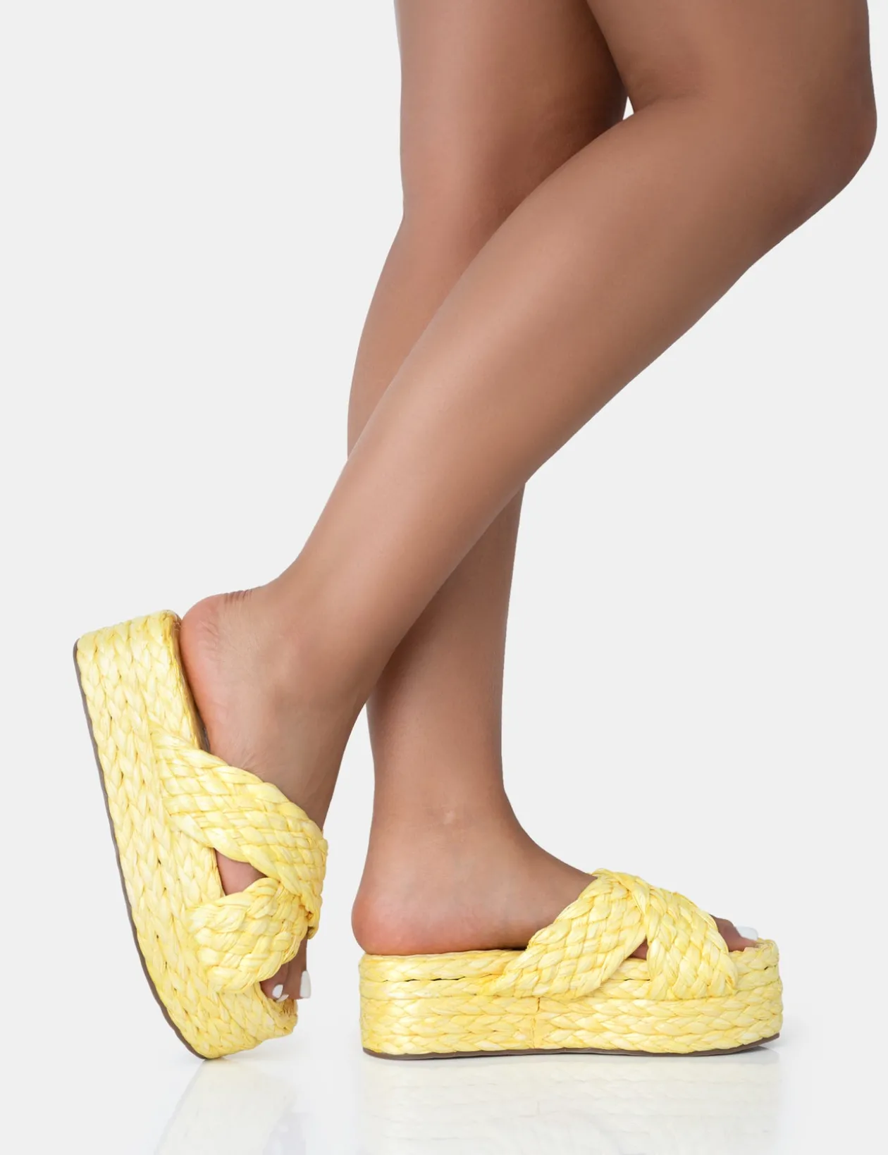 Public Desire Kos Raffia Cross Over Strap Slip On Flatform Sandals | Women Sliders