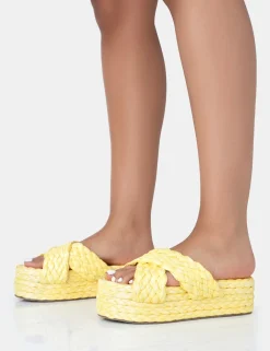 Public Desire Kos Raffia Cross Over Strap Slip On Flatform Sandals | Women Sliders