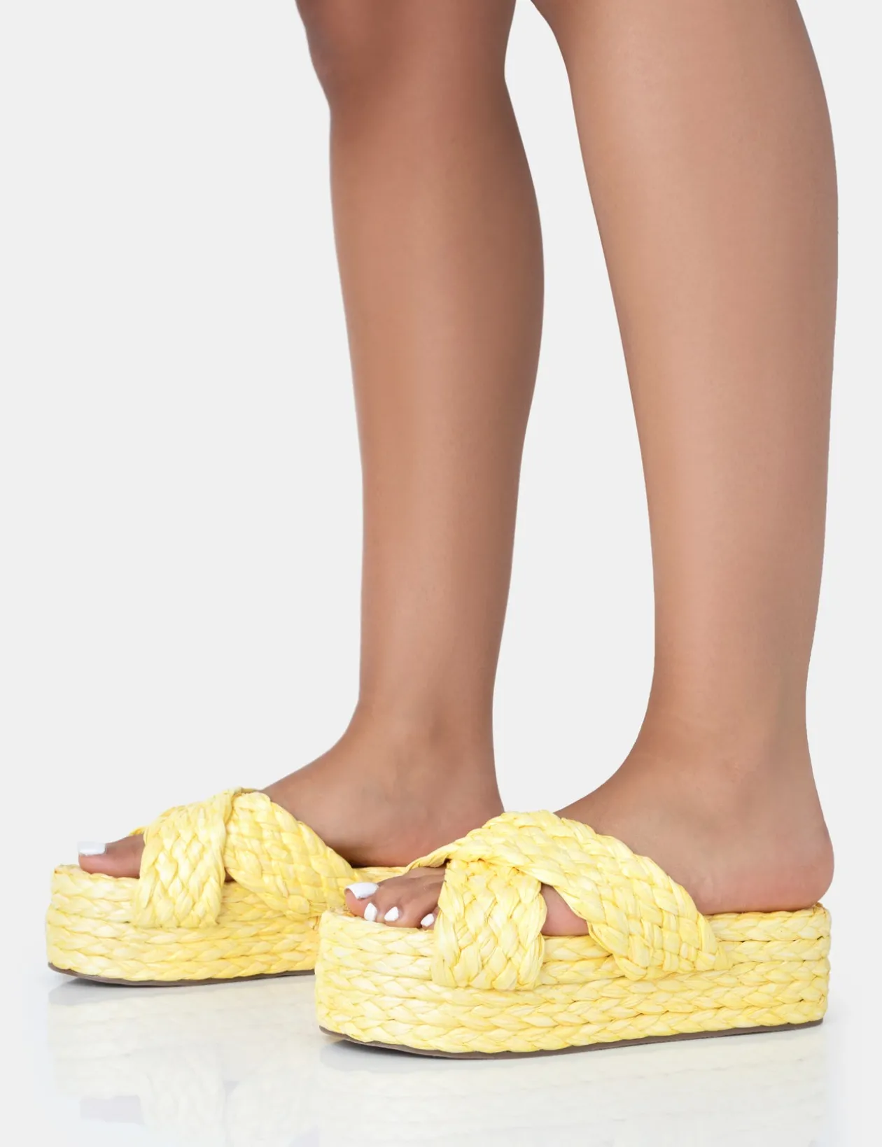 Public Desire Kos Raffia Cross Over Strap Slip On Flatform Sandals | Women Sliders
