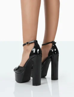 Public Desire Kylie Wide Fit Patent High Heel Peep Toe Platform Block Heels | Women Wide Fit Heels