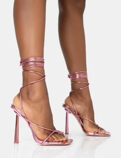 Public Desire Lacey Metallic Square Toe Strappy Lace Up Stiletto Heels | Women Square Toe Heels