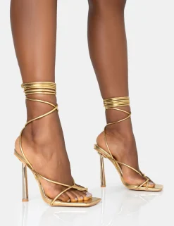 Public Desire Lacey Metallic Square Toe Strappy Lace Up Stiletto Heels | Women Square Toe Heels