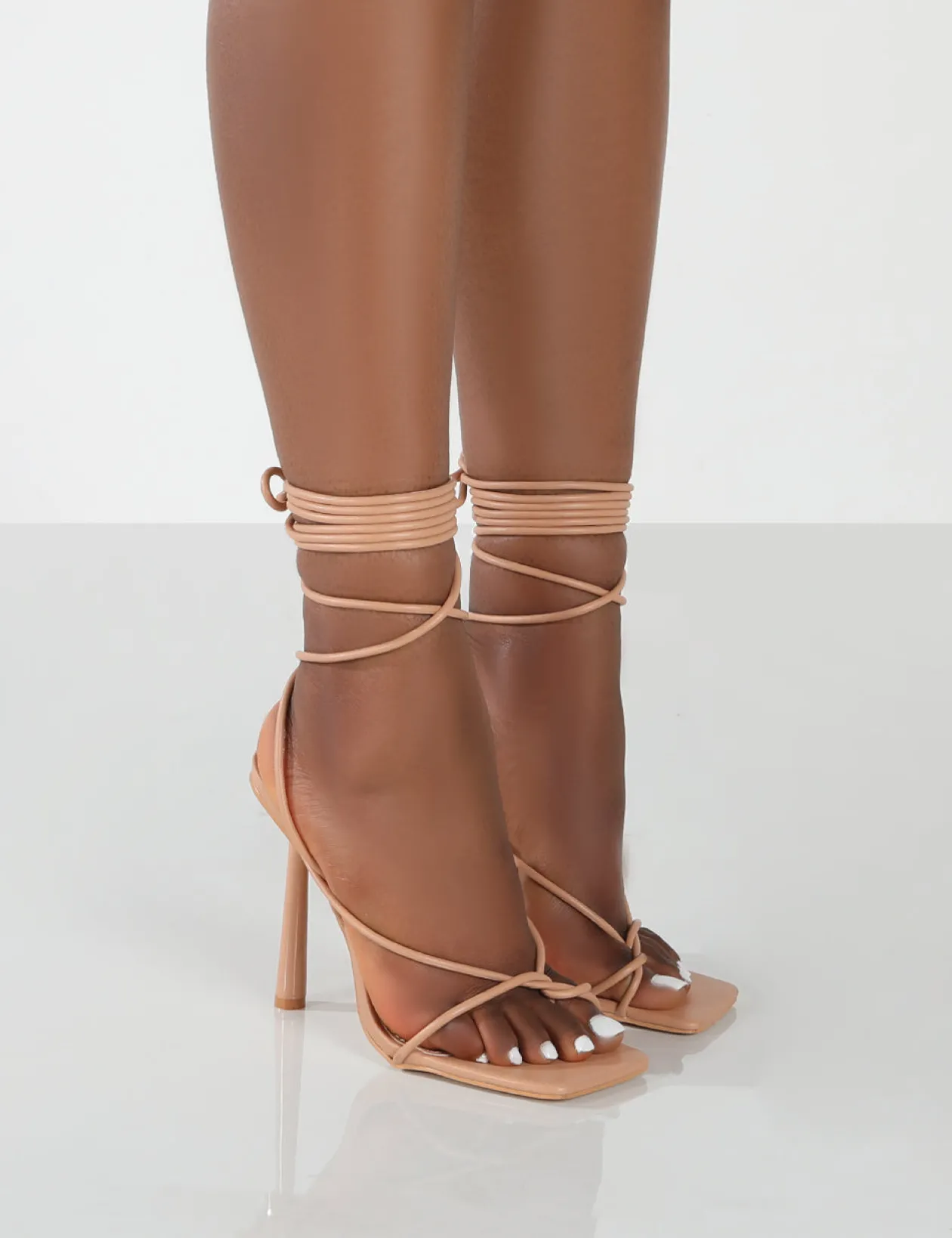 Public Desire Lacey Pu Square Toe Strappy Lace Up Stiletto Heels | Women Barely There Heels