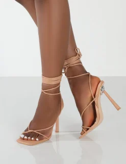 Public Desire Lacey Pu Square Toe Strappy Lace Up Stiletto Heels | Women Barely There Heels