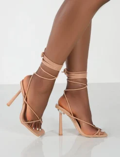 Public Desire Lacey Pu Square Toe Strappy Lace Up Stiletto Heels | Women Barely There Heels