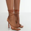 Public Desire Lacey Tan Square Toe Strappy Lace Up Stiletto Heels | Women Barely There Heels