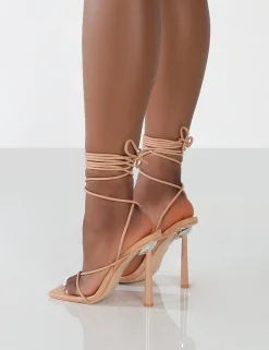 Public Desire Lacey Wide Fit Pu Square Toe Strappy Lace Up Stiletto Heels | Women Barely There Heels