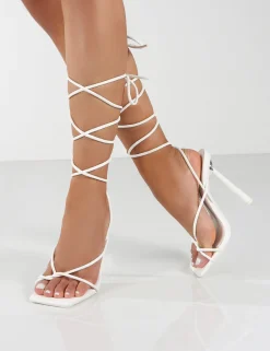 Public Desire Lacey Wide Fit Pu Square Toe Strappy Lace Up Heels | Women Barely There Heels