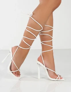 Public Desire Lacey Wide Fit Pu Square Toe Strappy Lace Up Heels | Women Barely There Heels