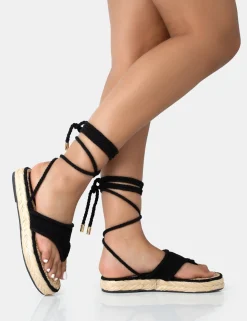 Public Desire Laguna Beach Towelling Flip Flop Raffia Sandals | Women Black Sandals