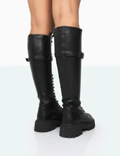 Public Desire Lainey Pu Chunky Sole Lace Up Knee High Boots | Women Chunky Boots
