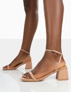 Public Desire Lane Raffia Strappy Mid Block Heeled Sandals | Women Mid Heels