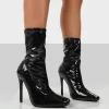Public Desire Lars Patent Wide Fit Sock High Heeled Stiletto Ankle Boots | Women Wide Fit Ankle Boots