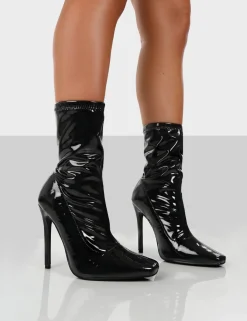 Public Desire Lars Patent Wide Fit Sock High Heeled Stiletto Ankle Boots | Women Wide Fit Ankle Boots