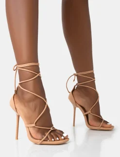 Public Desire Leilani Natural Pu Strappy Lace Up Square Toe Stiletto Heels | Women Stilettos
