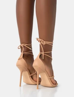 Public Desire Leilani Natural Pu Strappy Lace Up Square Toe Stiletto Heels | Women Stilettos