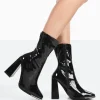Public Desire Liberty Black Patent Sock Block Heeled Ankle Boots | Women Chunky Boots