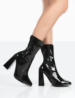 Public Desire Liberty Black Patent Sock Block Heeled Ankle Boots | Women Chunky Boots