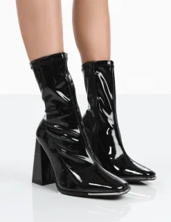 Public Desire Liberty Wide Fit Patent Sock Block Heeled Ankle Boots | Women Wide Fit Ankle Boots